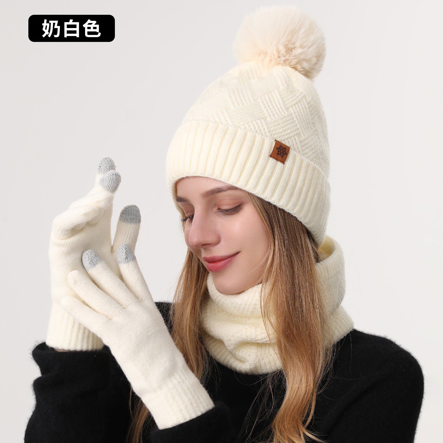 Wholesale Women' s knitted hat winter cold-proof double-layer f outdoor warm knitted hat f gloves three-piece set